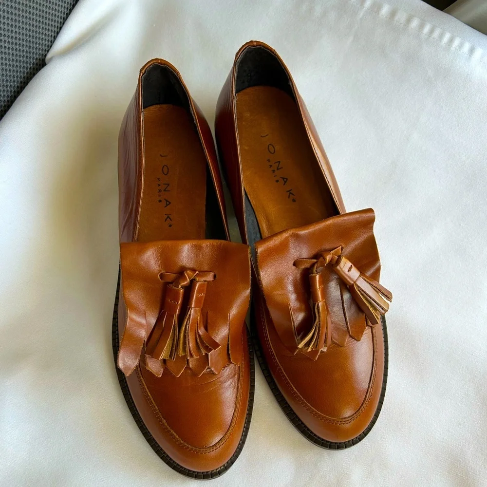 🚨⬇️🤑Jonak Paris Brown Leather Brogue Fringe Mocasines Loafers size 7-7.5 - Picture 5 of 14